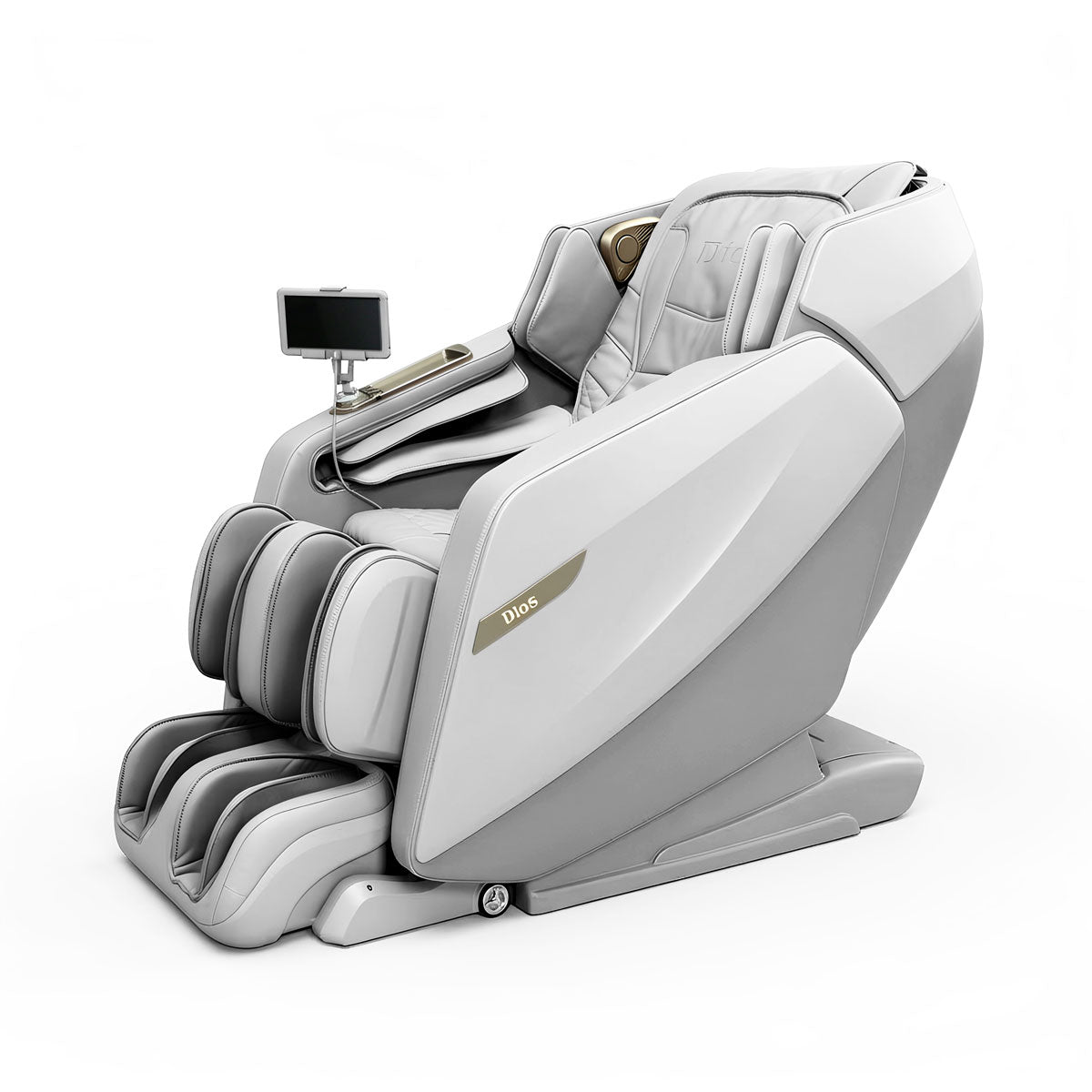Gray massage chair with touchscreen tablet 