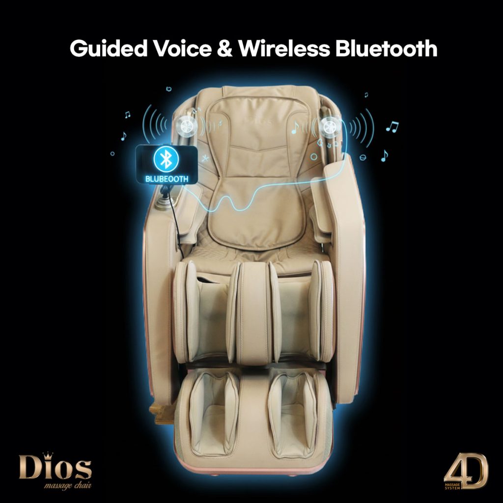 Front image of massage chair with Bluetooth image on tablet and musical notes 