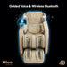 Front image of massage chair with Bluetooth image on tablet and musical notes 