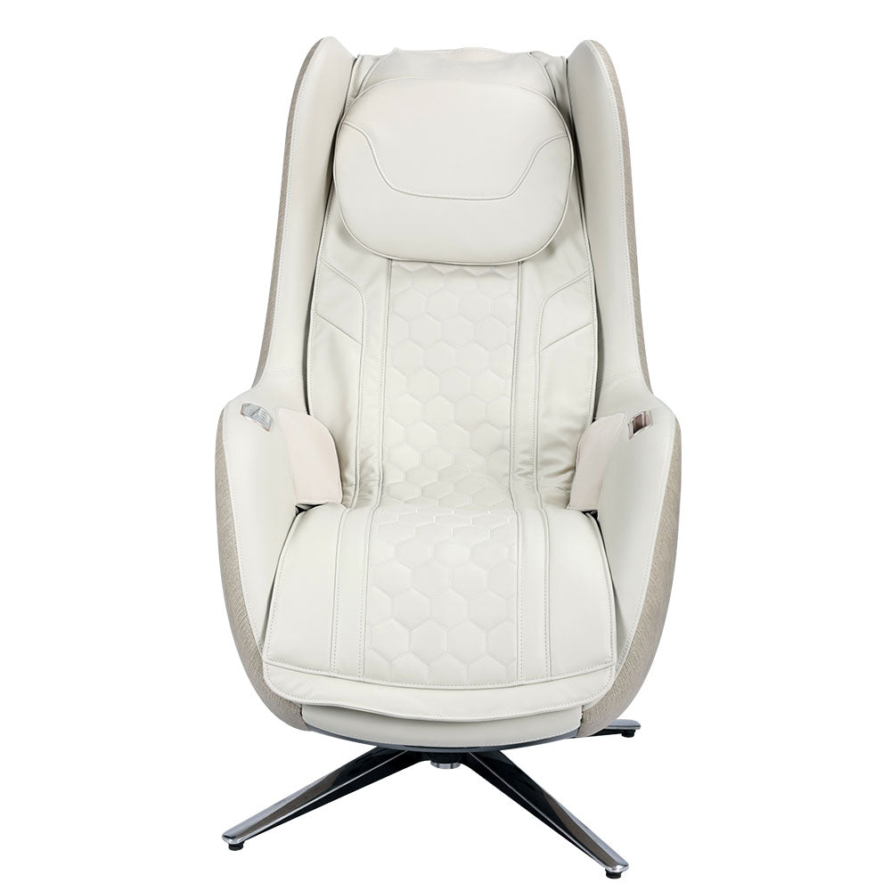 Front view of white massage chair against white background 