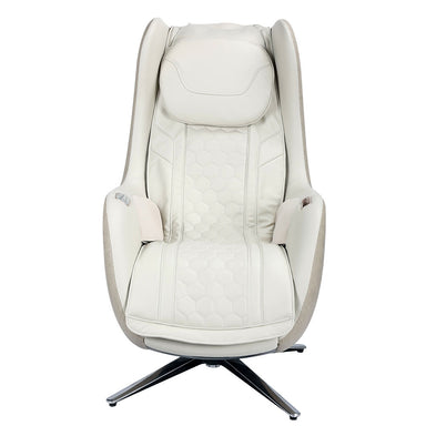 Front view of white massage chair against white background 