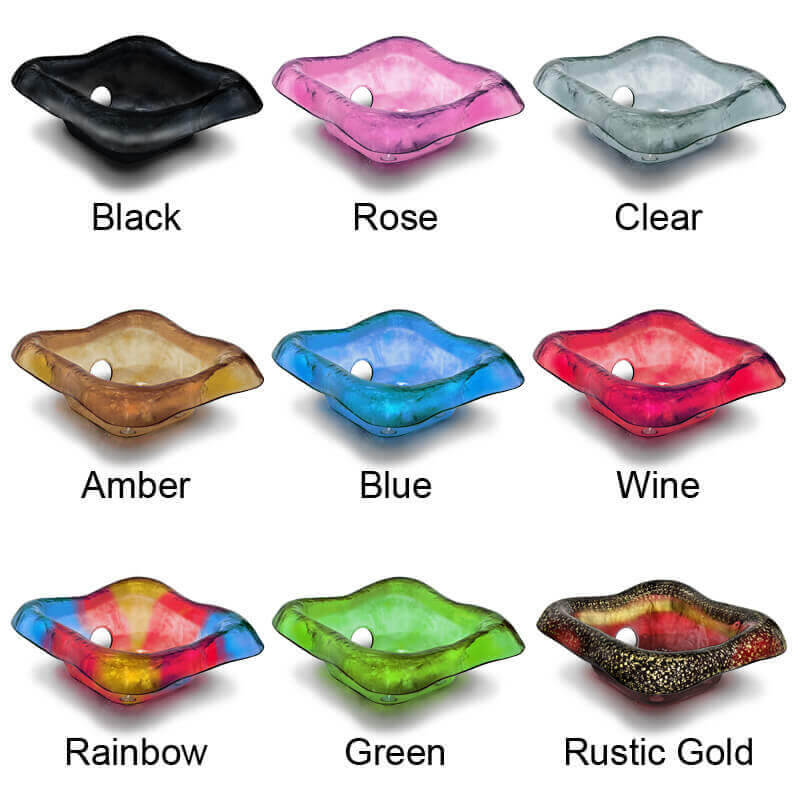 Gulfstream glass bowl color options from Black and Rose to Rainbow and Rustic Gold