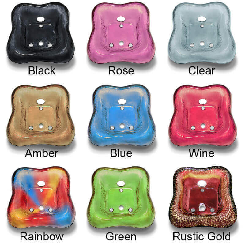Gulfstream glass bowl colors: Black, Rose, Clear, Amber, Blue, Wine, Rainbow, Green and Rustic Gold