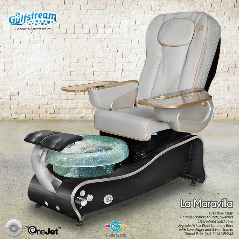 Gulfstream La Maravilla pedicure chair in Grey with clear glass bowl and black base