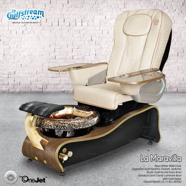 Gulfstream La Maravilla pedicure chair in Pearl White with gold accents and glass bowl