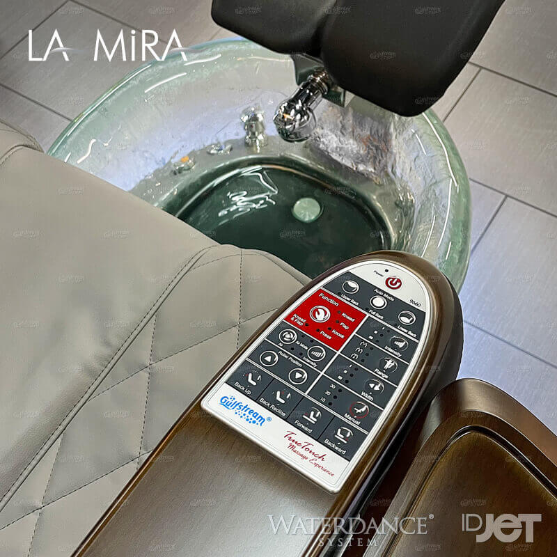 La Mira armrest remote control and glass bowl