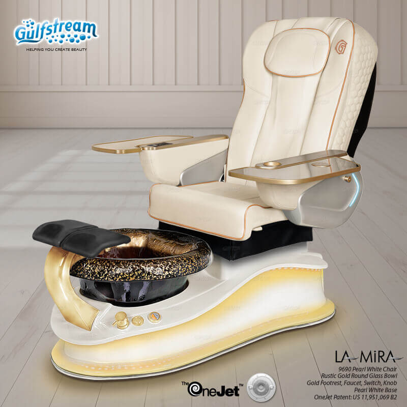Gulfstream La Mira with Pearl White 9690 chair, white base and Rustic Gold glass bowl
