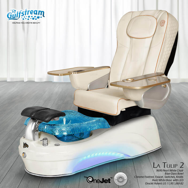 Gulfstream La Tulip 2 with Pearl White 9690 chair, white base and blue glass bowl