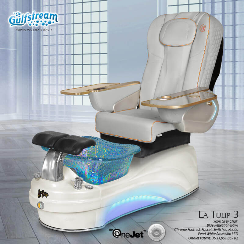 Gulfstream La Tulip 3 with Grey 9690 chair, white base and blue glass bowl