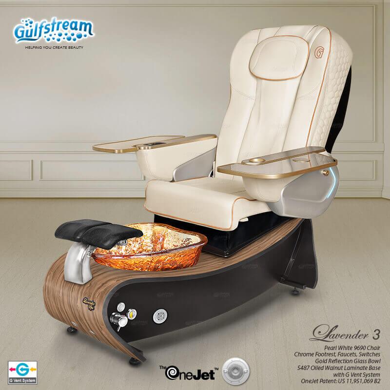 Gulfstream Lavender 3 with Pearl White 9690 chair, light wood base and amber glass bowl