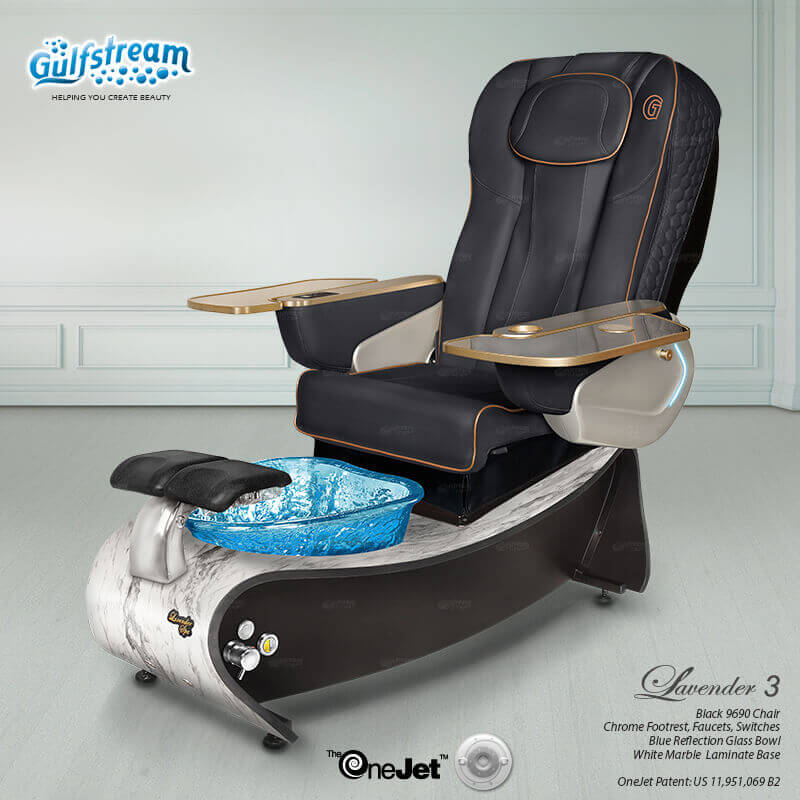 Gulfstream Lavender 3 with Black 9690 chair, white base and blue glass bowl