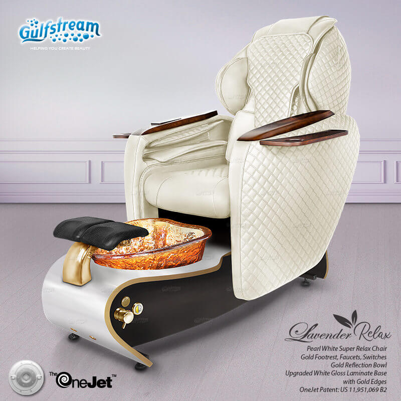 Gulfstream Lavender Relax Spa with Pearl White quilted Super Relax 2 chair, white and black base and amber glass bowl