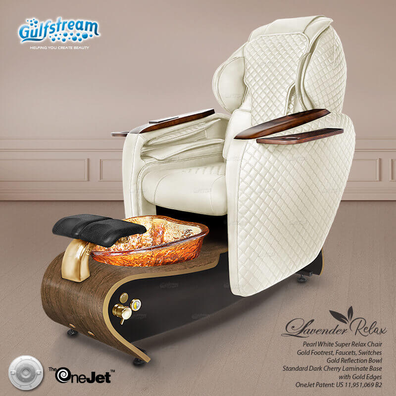 Gulfstream Lavender Relax Spa with Pearl White quilted Super Relax 2 chair, wood base and amber glass bowl
