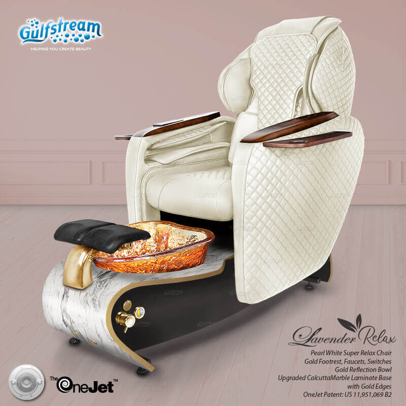 Gulfstream Lavender Relax Spa with Pearl White quilted Super Relax 2 chair, dark base and amber glass bowl