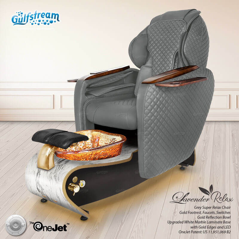 Gulfstream Lavender Relax Spa with Dark Grey quilted Super Relax 2 chair, marble base and amber glass bowl