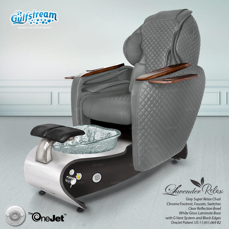 Gulfstream Lavender Relax Spa with Dark Grey quilted Super Relax 2 chair, white base and clear glass bowl