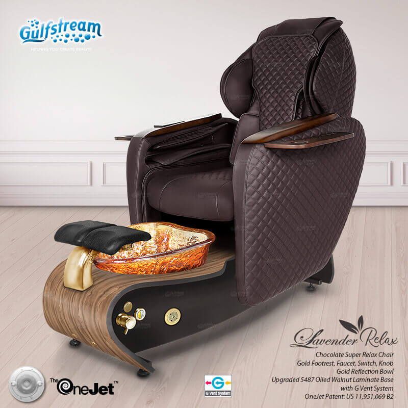 Gulfstream Lavender Relax Spa with Chocolate quilted Super Relax 2 chair, wood base and amber glass bowl