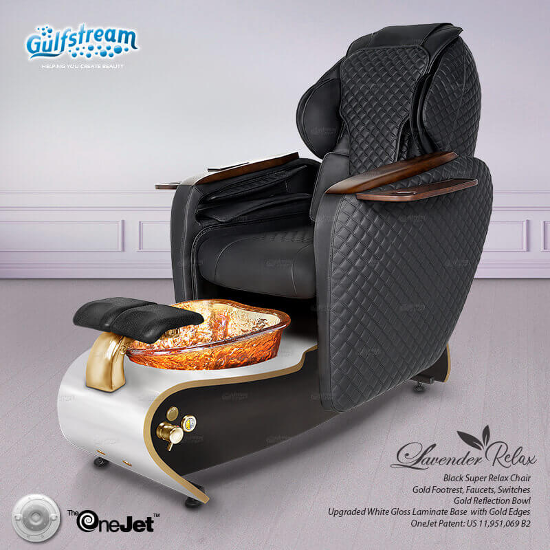 Gulfstream Lavender Relax Spa with Black quilted Super Relax 2 chair, white base and amber glass bowl