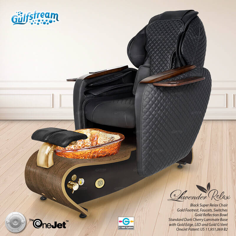 Gulfstream Lavender Relax Spa with Black quilted Super Relax 2 chair, wood base and amber glass bowl