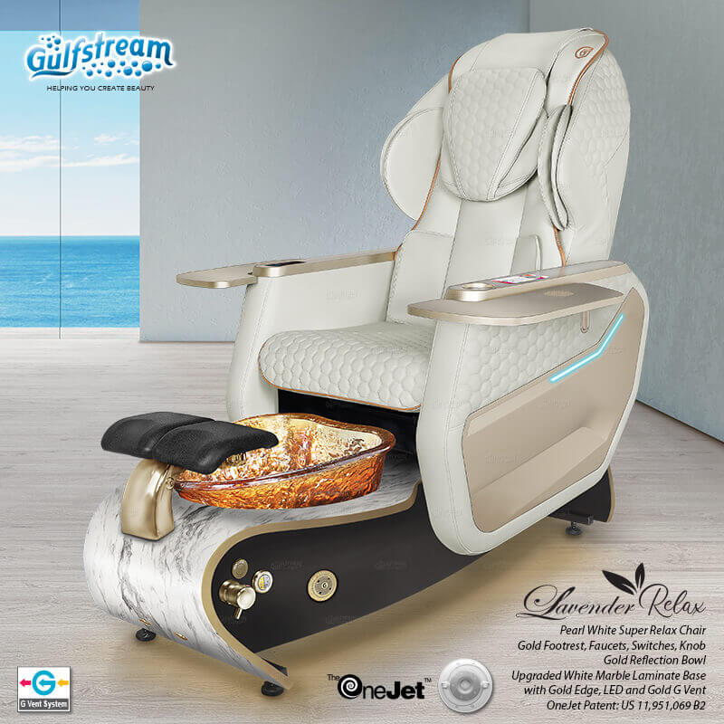 Gulfstream Lavender Relax Spa with Pearl White Super Relax 3 chair, white and black base and amber glass bowl