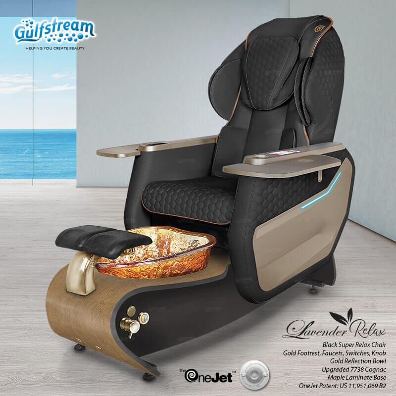 Gulfstream Lavender Relax Spa with Black Super Relax 3 chair, wood base and amber glass bowl