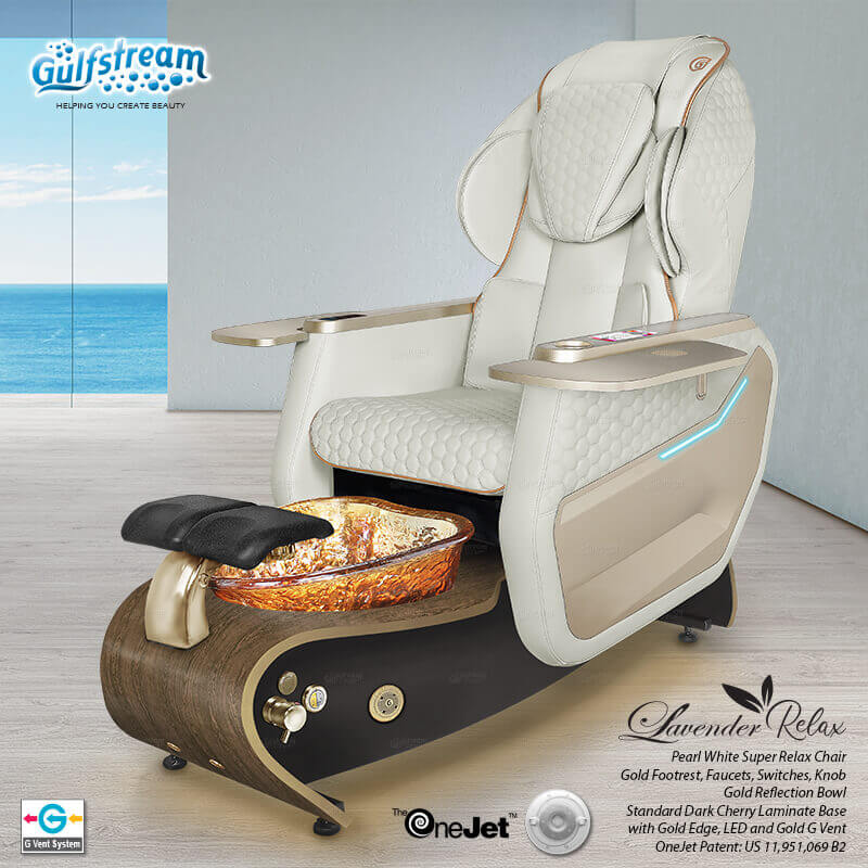 Gulfstream Lavender Relax Spa with Pearl White Super Relax 3 chair, wood base and amber glass bowl