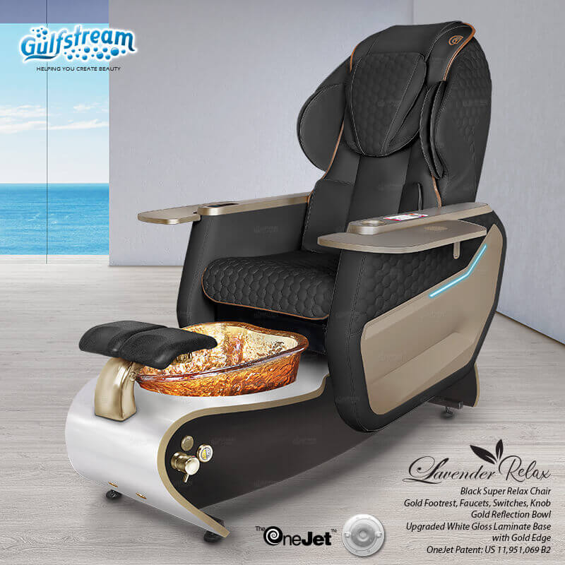 Gulfstream Lavender Relax Spa with Black Super Relax 3 chair, white base and amber glass bowl