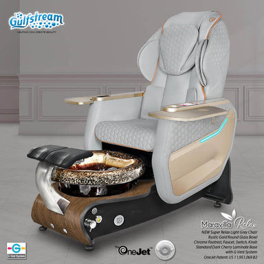 Gulfstream Maravilla Relax Spa with Light Grey Super Relax 3 chair, wood base and Rustic Gold glass bowl