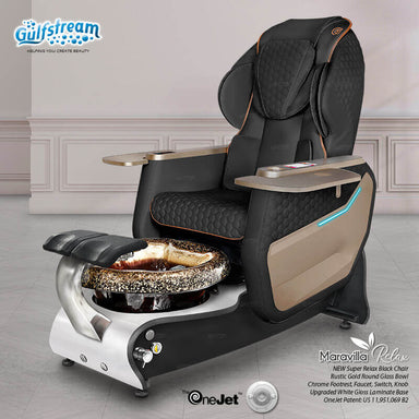 Gulfstream Maravilla Relax Spa with Black Super Relax 3 chair, white and black base and Rustic Gold glass bowl