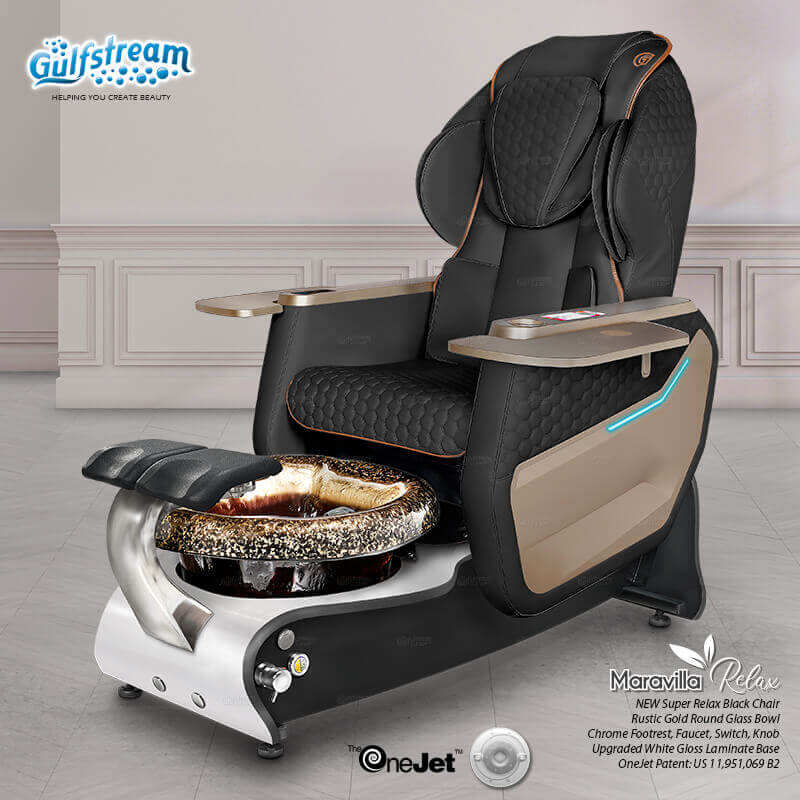 Gulfstream Maravilla Relax Spa with Black Super Relax 3 chair, white and black base and Rustic Gold glass bowl