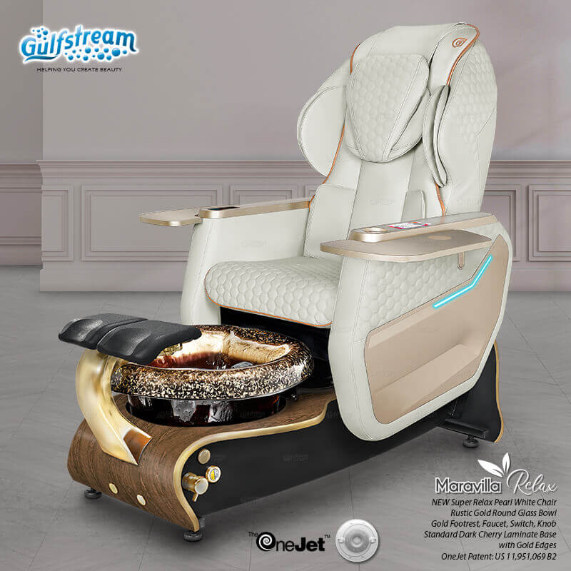 Gulfstream Maravilla Relax Spa with Pearl White Super Relax 3 chair, dark base and Rustic Gold glass bowl