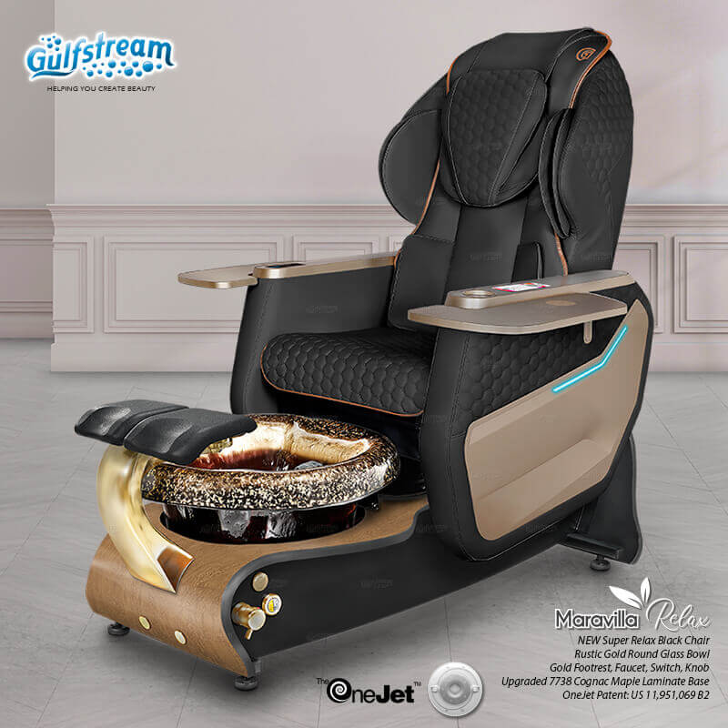 Gulfstream Maravilla Relax Spa with Black Super Relax 3 chair, wood base and Rustic Gold glass bowl