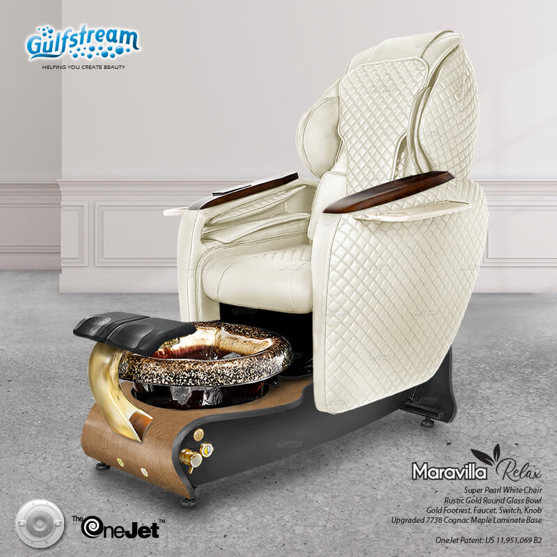 Gulfstream Maravilla Relax Spa with Pearl White quilted Super Relax 2 chair, wood base and Rustic Gold glass bowl