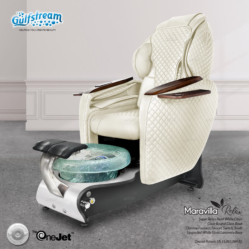 Gulfstream Maravilla Relax Spa with Pearl White quilted Super Relax 2 chair, white and black base and clear glass bowl