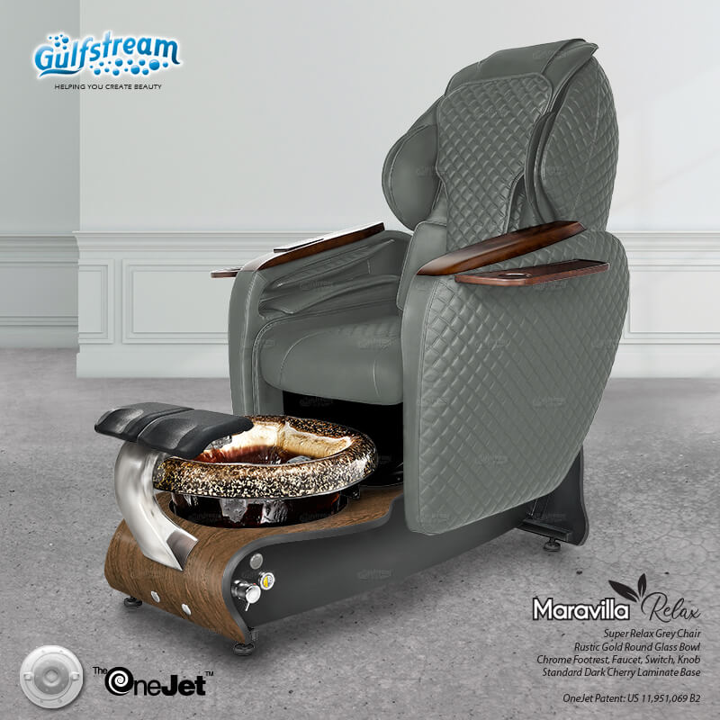Gulfstream Maravilla Relax Spa with Dark Grey quilted Super Relax 2 chair, dark base and Rustic Gold glass bowl