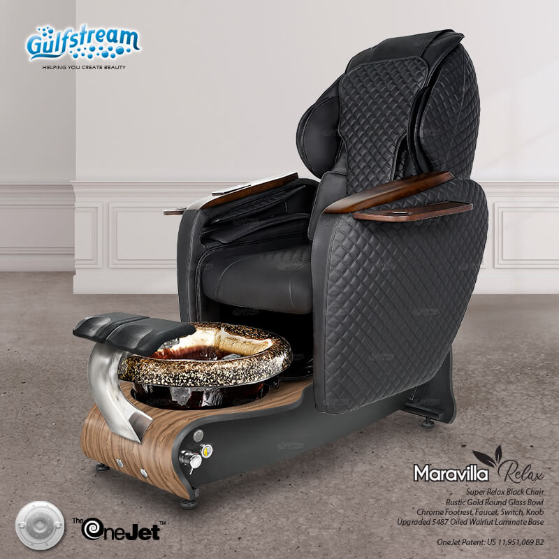 Gulfstream Maravilla Relax Spa with Black quilted Super Relax 2 chair, white base and Rustic Gold glass bowl