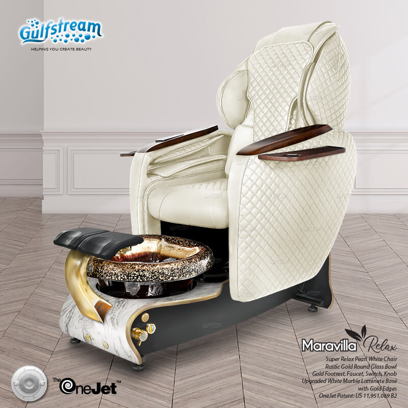 Gulfstream Maravilla Relax Spa with Pearl White quilted Super Relax 2 chair, white base and Rustic Gold glass bowl