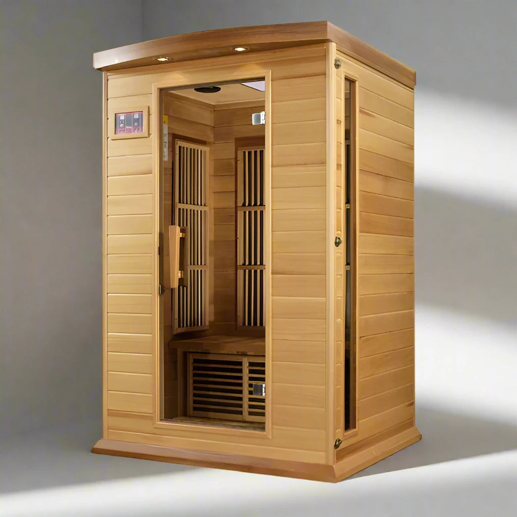 "Maxxus 2-person Low EMF FAR Infrared Sauna with reforested Red Cedar, energy-efficient carbon heaters, and premium features like Chromotherapy lighting and Bluetooth music system."