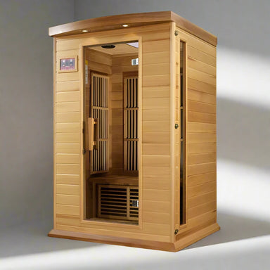 "Maxxus Bliss 2-person Low EMF FAR Infrared Sauna with reforested Red Cedar, energy-efficient carbon heaters, and premium features like Chromotherapy lighting and Bluetooth music system."