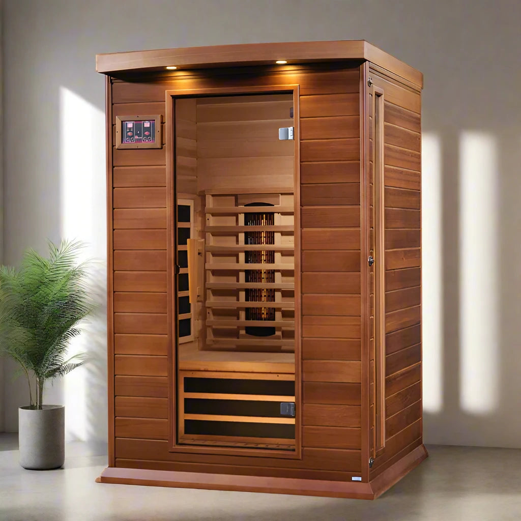 Maxxus Sauna 2-Person Full Spectrum Infrared Sauna with advanced heating technology, sleek design, and comfortable seating for two, perfect for home relaxation and wellness.