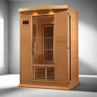 "Maxxus 2-Person Low EMF FAR Infrared Sauna with carbon heaters, chromotherapy lighting, and Bluetooth speakers."