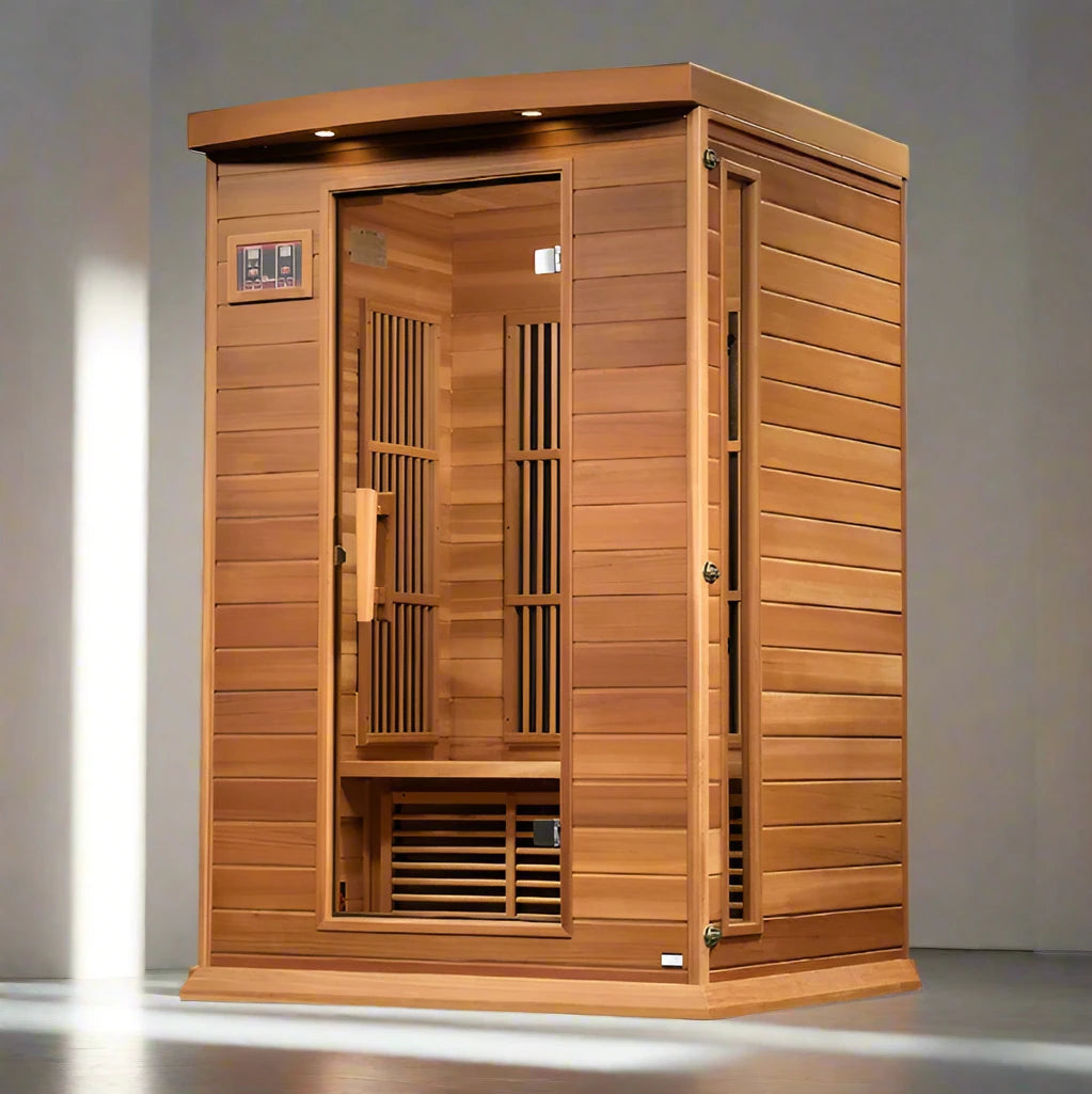 "Maxxus 2-Person Near Zero EMF FAR Infrared Sauna with Canadian red cedar, Chromotherapy lighting, and Bluetooth speakers."