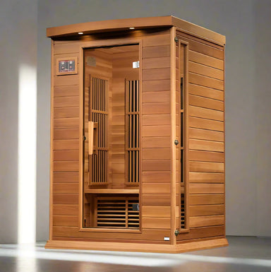 "Maxxus 2-Person Near Zero EMF FAR Infrared Sauna with Canadian red cedar, Chromotherapy lighting, and Bluetooth speakers."