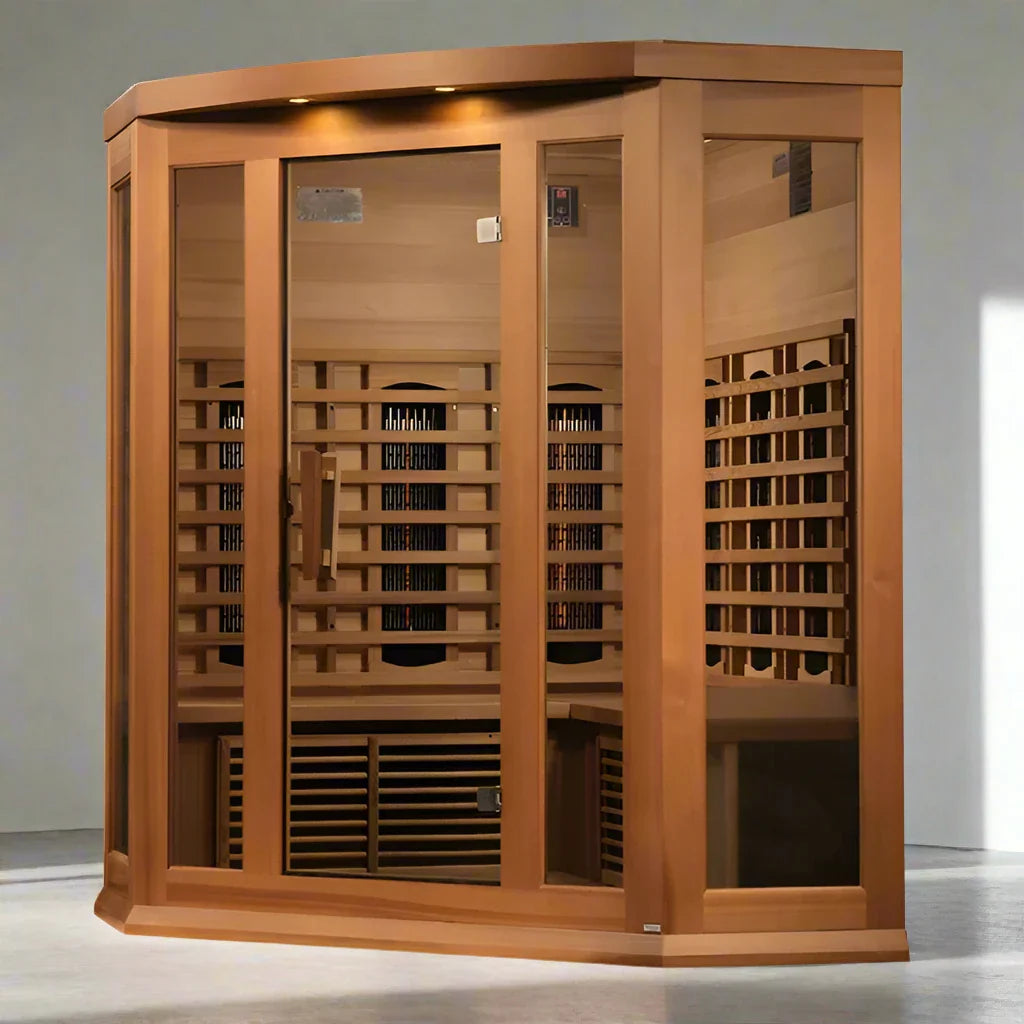 Maxxus 3-Person Corner Sauna with Full Spectrum Infrared & Premium Features in Canadian Red Cedar.