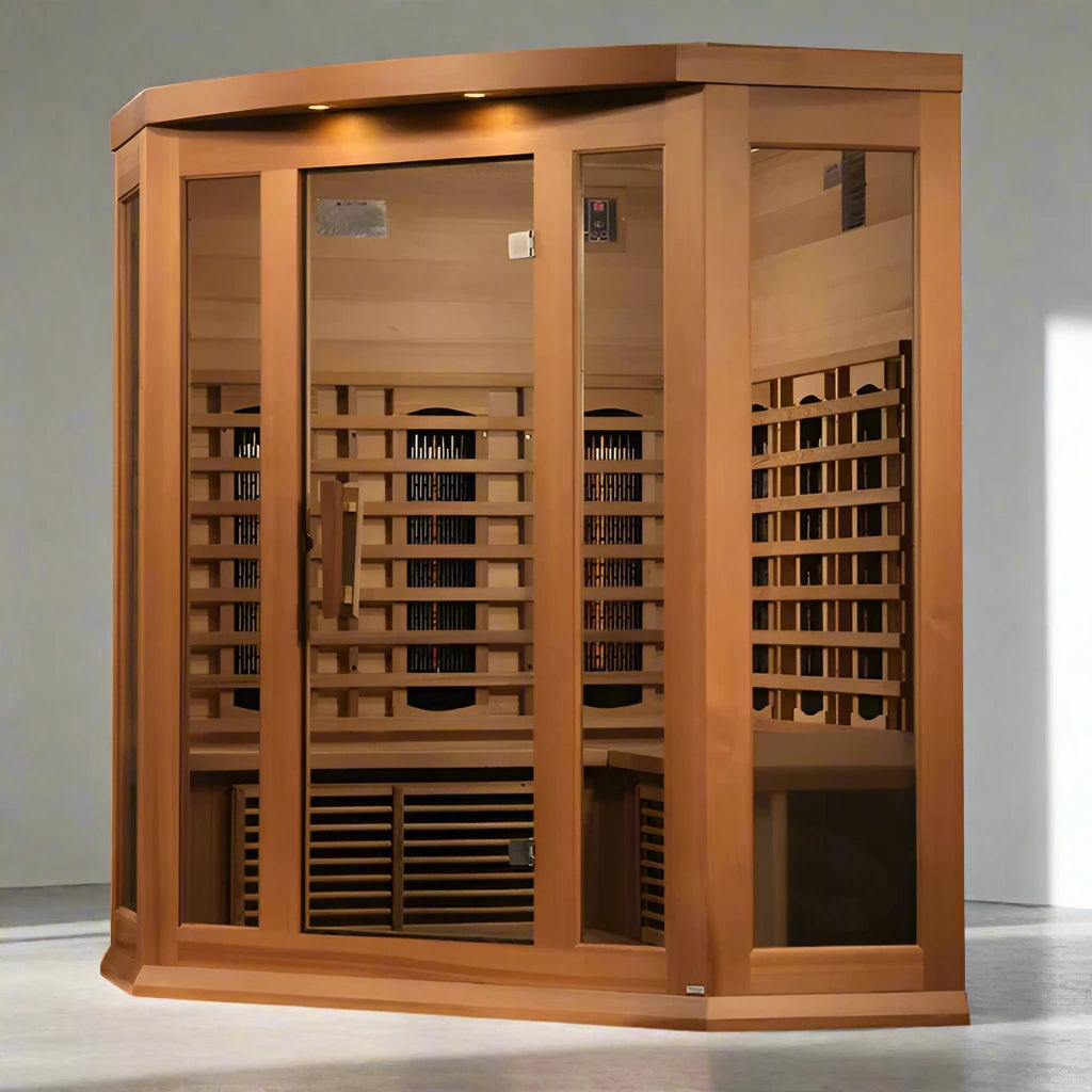 Maxxus 3-Person Corner Sauna with Full Spectrum Infrared & Premium Features in Canadian Red Cedar.