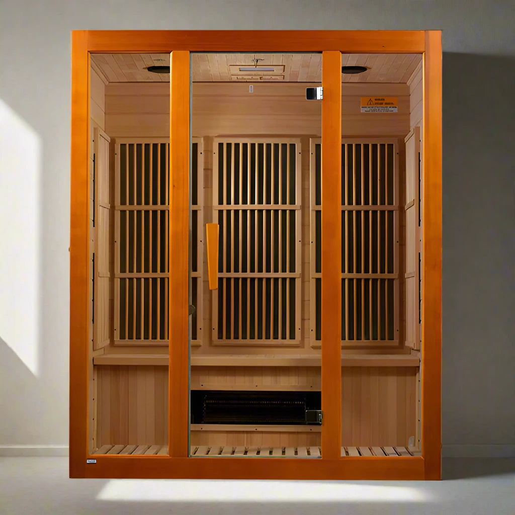 "3-person Low EMF FAR Infrared corner sauna with Canadian Hemlock, Bluetooth audio, chromotherapy lighting, and premium features"