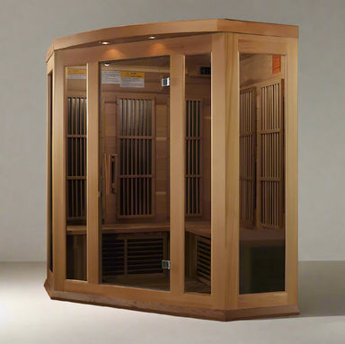 "Maxxus 3-person Corner Low EMF FAR Infrared Sauna with reforested Canadian Red Cedar, featuring 9 energy-efficient carbon heating panels, Chromotherapy lighting, and Bluetooth speakers."