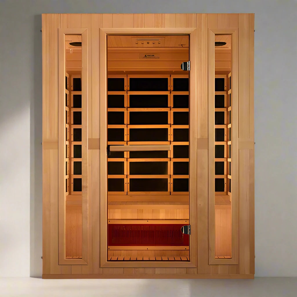 "Maxxus 3-person corner sauna with Low EMF FAR infrared technology, Canadian Hemlock wood, Bluetooth audio, and premium wellness features"