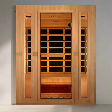 "Maxxus 3-person corner sauna with Low EMF FAR infrared technology, Canadian Hemlock wood, Bluetooth audio, and premium wellness features"