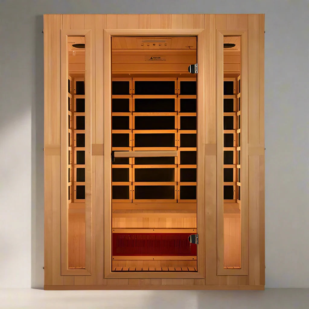 "Maxxus 3-person corner sauna with Low EMF FAR infrared technology, Canadian Hemlock wood, Bluetooth audio, and premium wellness features"